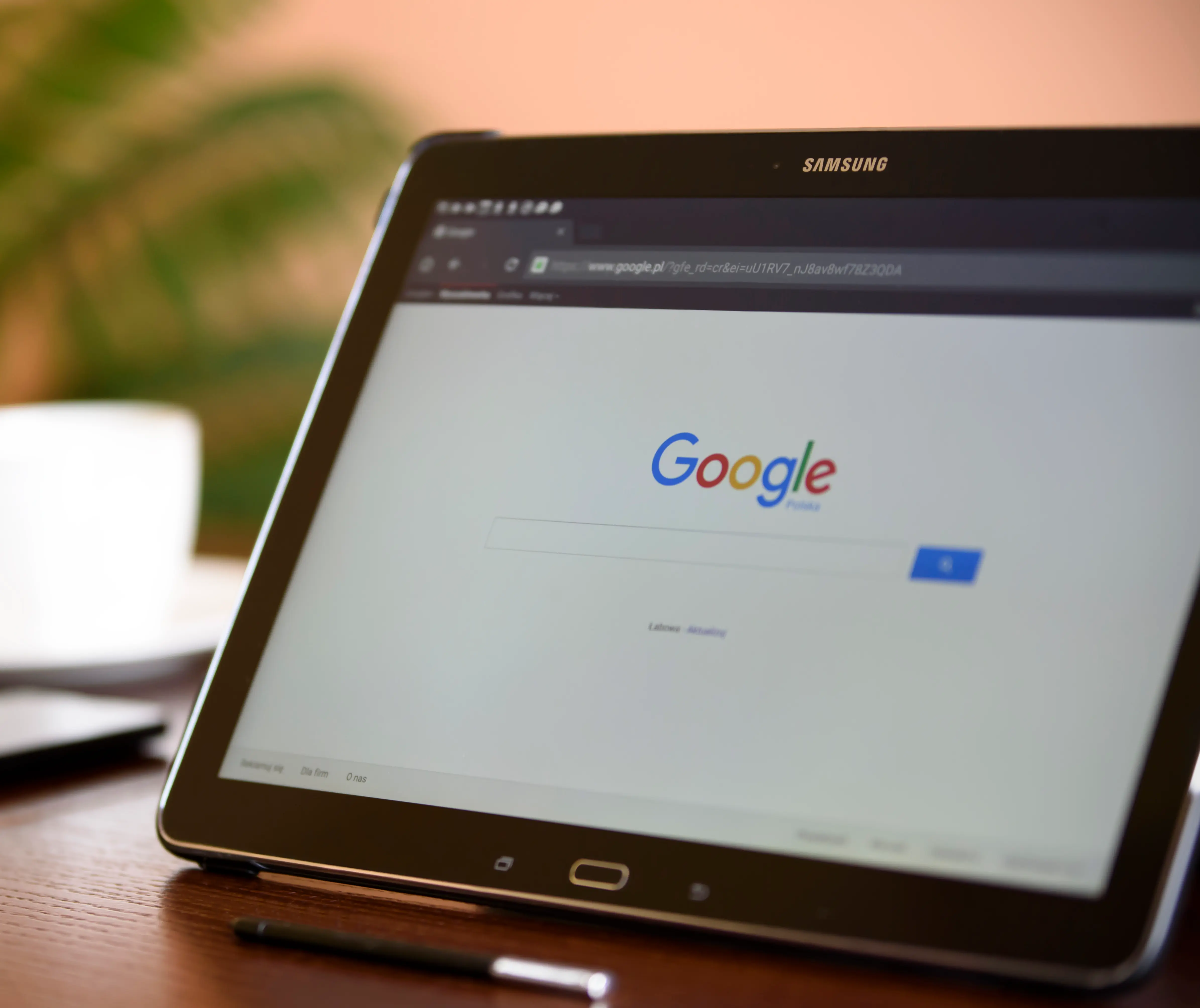 A Samsung tablet in landscape view showing the Google search page